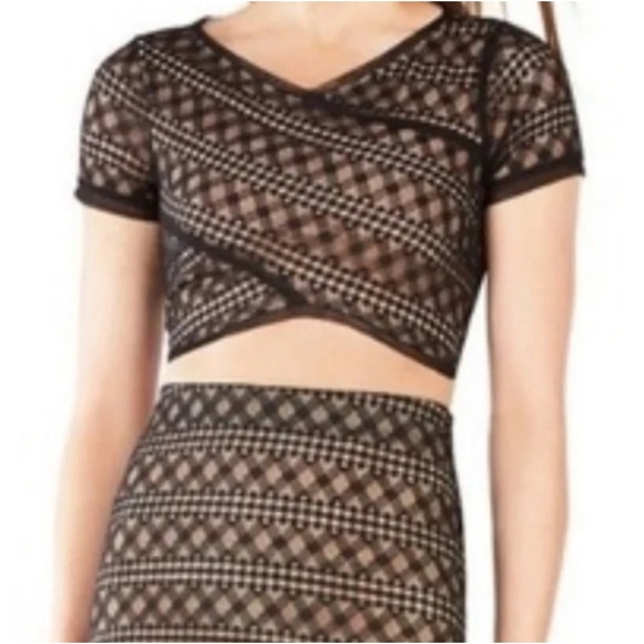 BCBGMaxAzria Vicky Lace Crop Top | Black Sheer Mesh Short Sleeve | Size Small - Picture 2 of 5
